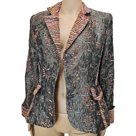 90s Vintage Fitted Embroidered Floral Striped Tapestry Zelda Blazer Size 6P - Picture 3 of 8